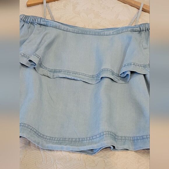 Free People Light Blue Chambray  Denim Crop Tank Off Shoulder Ruffle Top Small - Picture 11 of 16